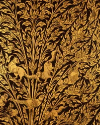 Detalle de un gabinete de manuscritos mostrando una espiga de arroz